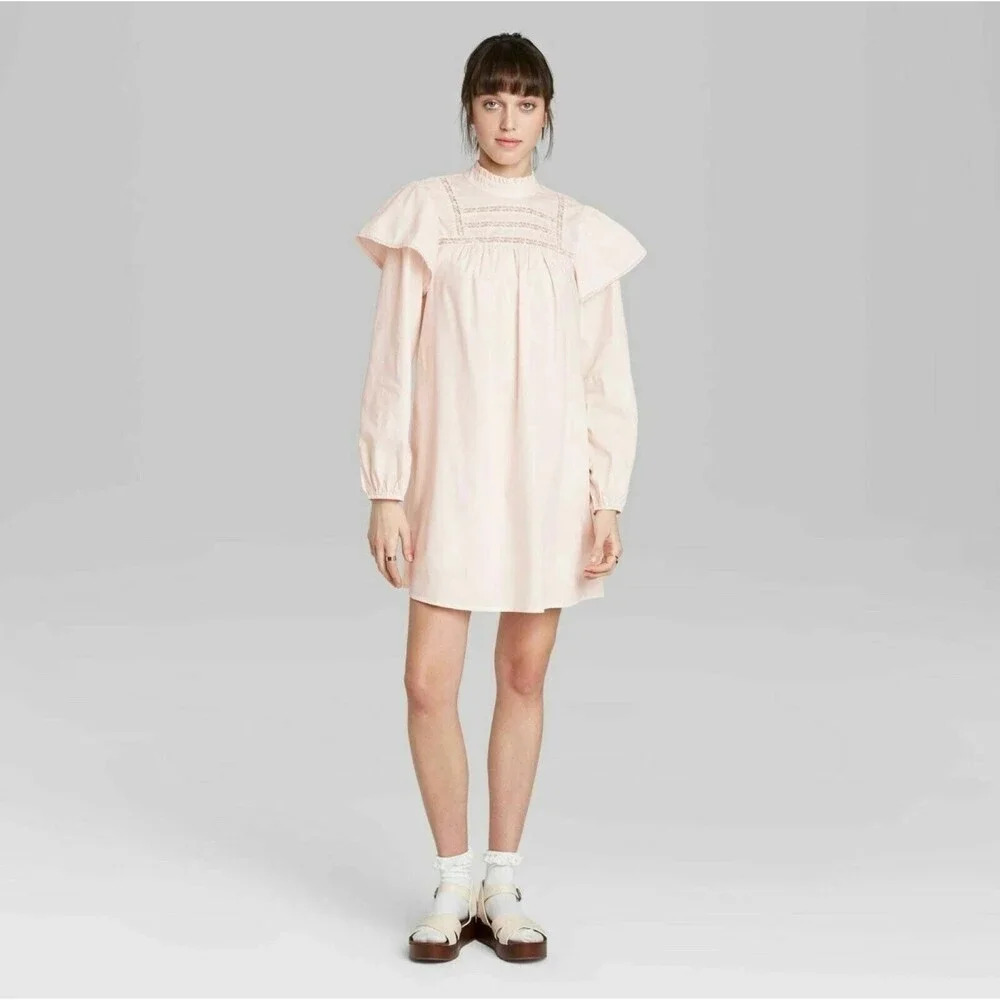 Wild Fable Pink High Neck Poplin Victorian Puff Sleeve Dress Medium - Picture 2 of 9